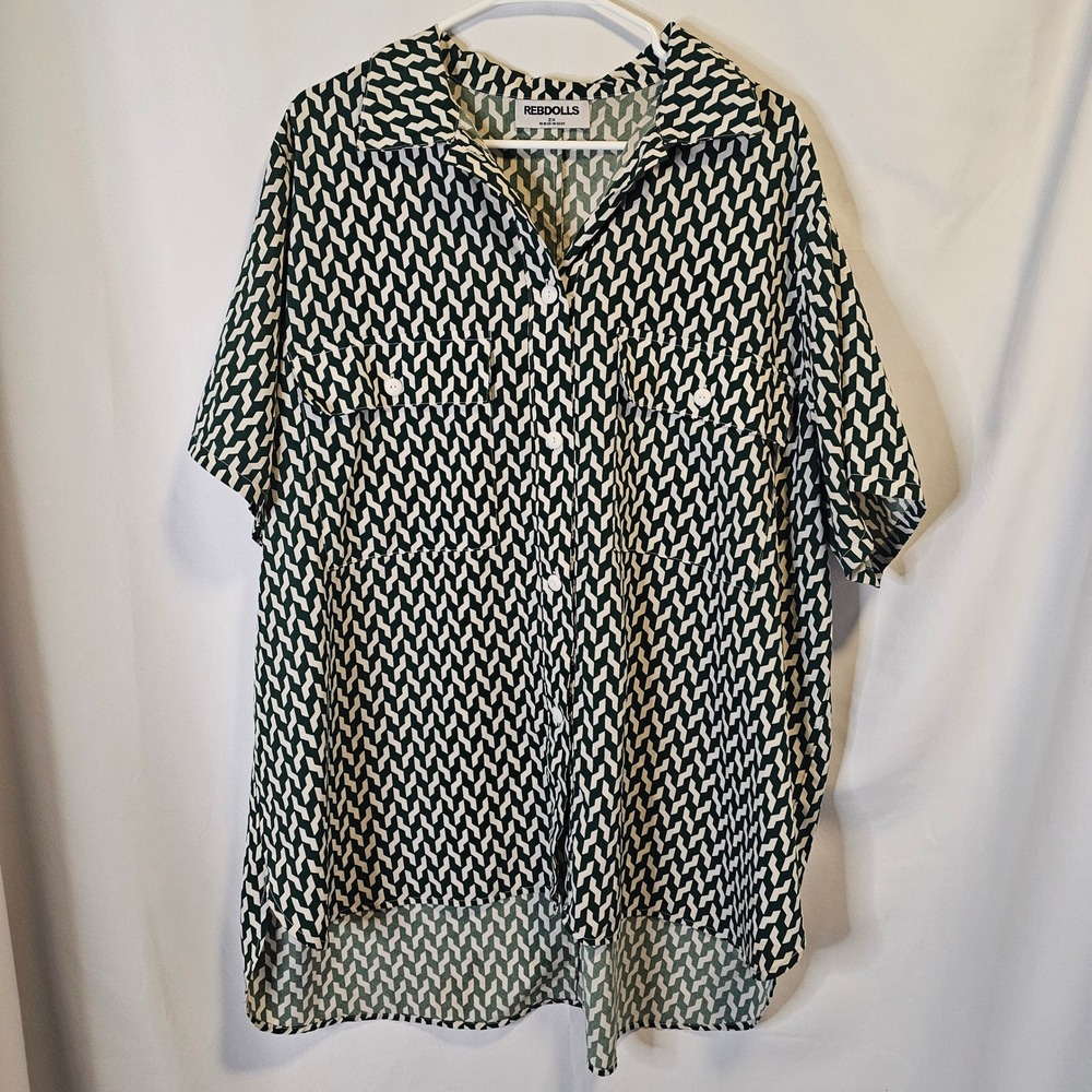 Rebdolls Button Down Shirt Womens 2X Green White Geometric Mod Plus Size
